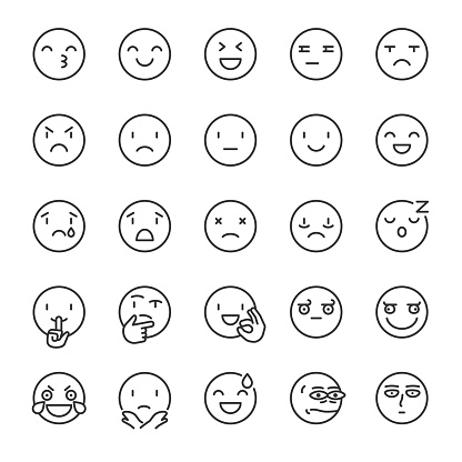 Emoji, icon set. Smile. Includes positive, negative emotions and such as refusal, silence, thinking etc. editable stroke