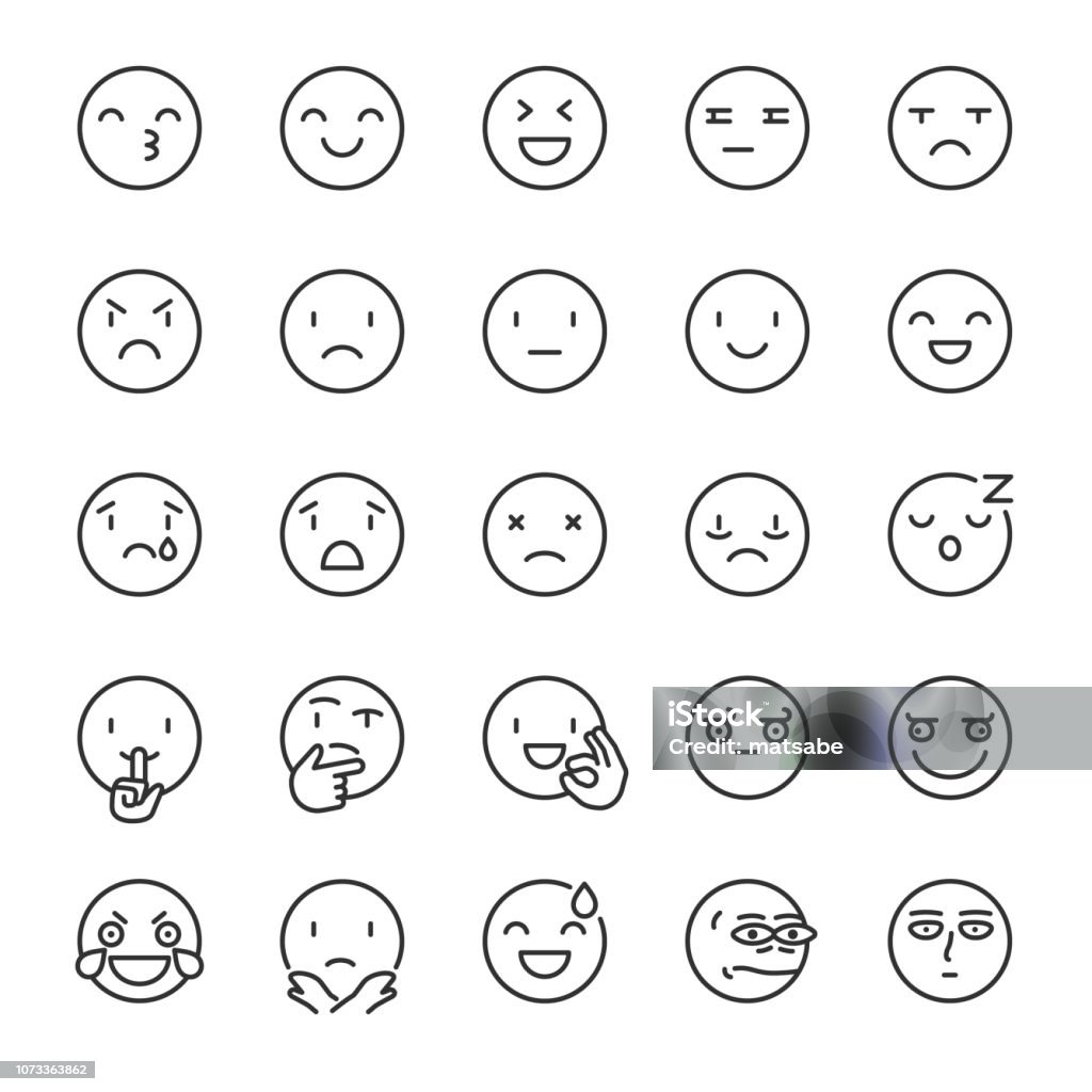 Emoji, icon set. Smile, linear icons. Includes positive, negative emotions and such as refusal, silence, thinking etc. Line with editable stroke Emoji, icon set. Smile. Includes positive, negative emotions and such as refusal, silence, thinking etc. editable stroke Icon Symbol stock vector