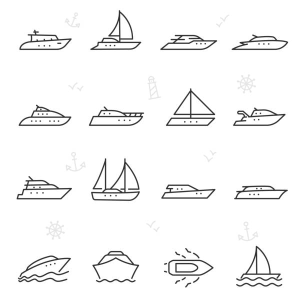 ilustraciones, imágenes clip art, dibujos animados e iconos de stock de yate, conjunto de iconos. yates, iconos lineales. línea con el movimiento editable - yacht