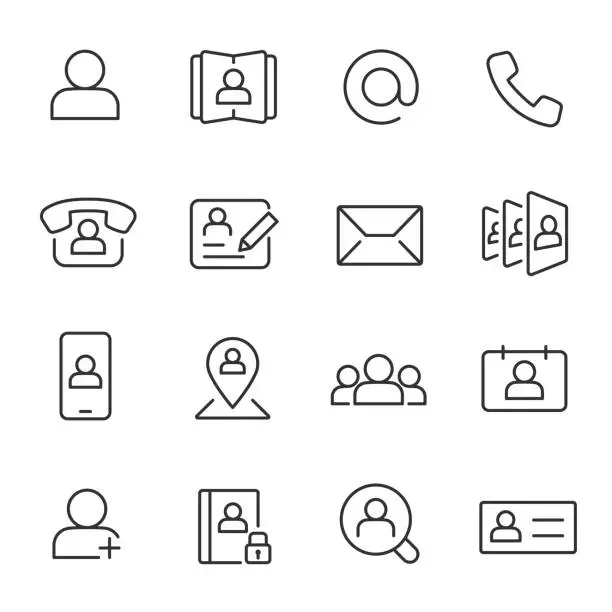 Vector illustration of Contact, icon set. Communication and contacts, linear icons. Line with editable stroke