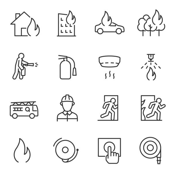 feuer und feuerwehr, icon-set. feuer, prävention und beseitigung, lineare symbole. linie mit editierbaren schlaganfall - house on fire stock-grafiken, -clipart, -cartoons und -symbole