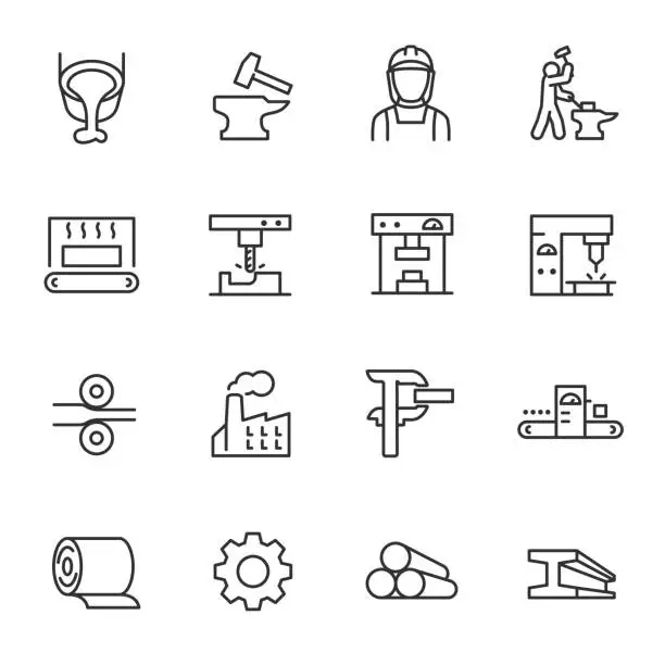 Vector illustration of Metallurgy, icon set. Metal production industry, linear icons. Machining and fabrication steel products. Line with editable stroke