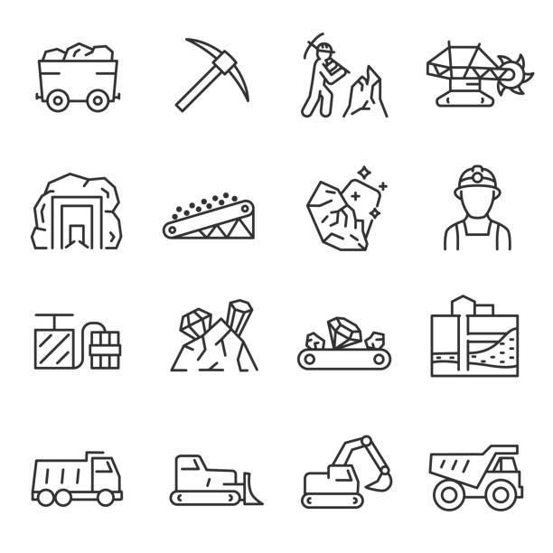 ilustraciones, imágenes clip art, dibujos animados e iconos de stock de minería, conjunto de iconos. extracción de minerales en la mina y los iconos de superficie, lineales. línea con el movimiento editable - minería