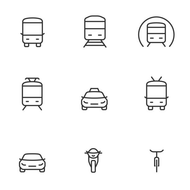 Urban transport, icon set. Front view, linear icons. Line with editable stroke Urban transport, icon set. Front view,  editable stroke public transportation stock illustrations