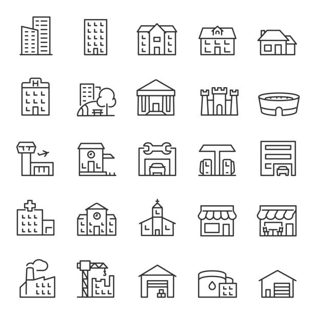 illustrazioni stock, clip art, cartoni animati e icone di tendenza di edifici, set di icone. vari edifici della città, case. icone lineari. linea con tratto modificabile - edificio adibito a uffici immagine