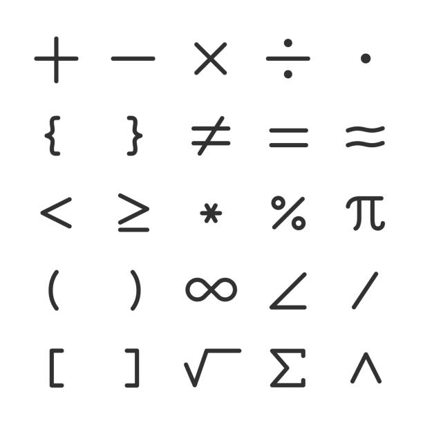 수학 기호, 아이콘 집합입니다. 수학적 계산입니다. 편집 가능한 획 선 - 수학 기호 stock illustrations