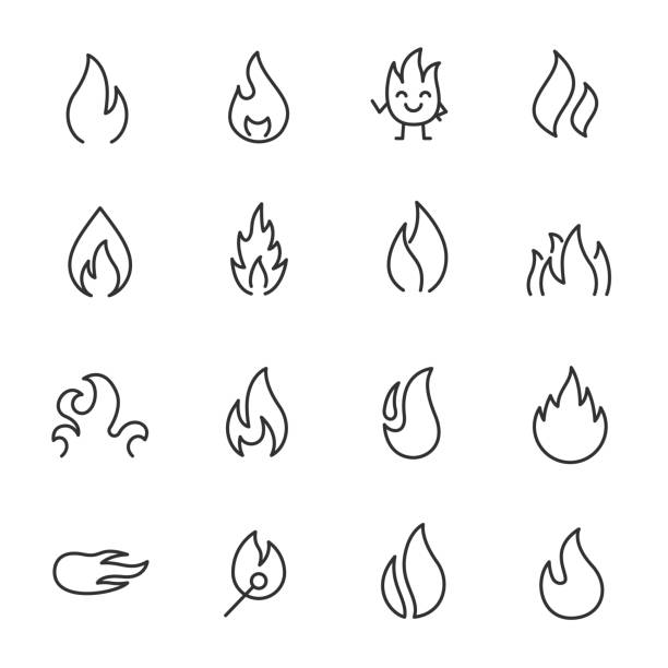 flammen, icon-set. feuer, flameof verschiedenen formen, lineare symbole. linie mit editierbaren schlaganfall - feuer stock-grafiken, -clipart, -cartoons und -symbole