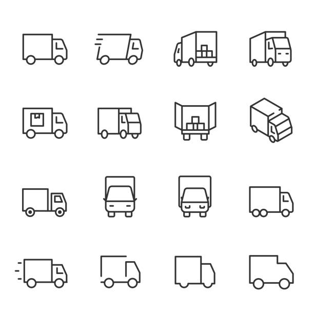 ilustraciones, imágenes clip art, dibujos animados e iconos de stock de carro, conjunto de iconos. camión, iconos lineales. línea con el movimiento editable - trucking