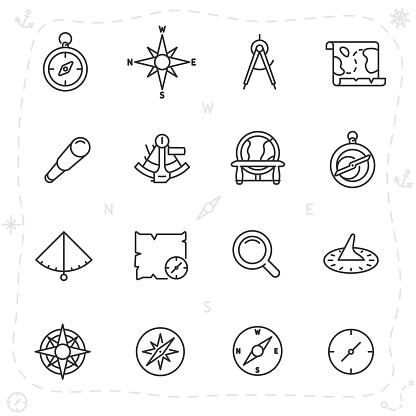 vintage navigation and measuring devices for seafarer, icon set. compass, astrolabe, sextant and others, editable stroke