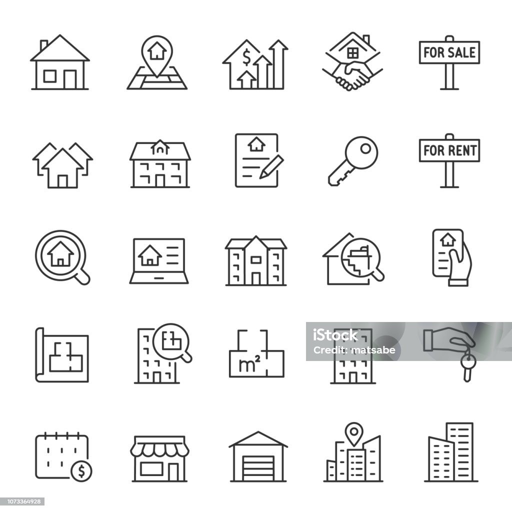 Real estate, icon set. Purchase and sale of housing, rental of premises, linear icons. Line with editable stroke Real estate, icon set. Purchase and sale of housing, rental of premises, editable stroke Icon Symbol stock vector