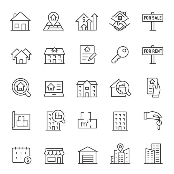 Real estate, icon set. Purchase and sale of housing, rental of premises, linear icons. Line with editable stroke Real estate, icon set. Purchase and sale of housing, rental of premises, editable stroke land illustrations stock illustrations
