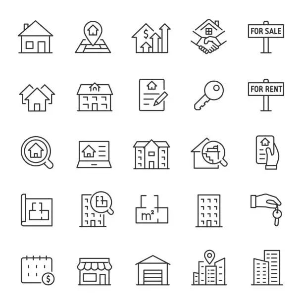 Vector illustration of Real estate, icon set. Purchase and sale of housing, rental of premises, linear icons. Line with editable stroke