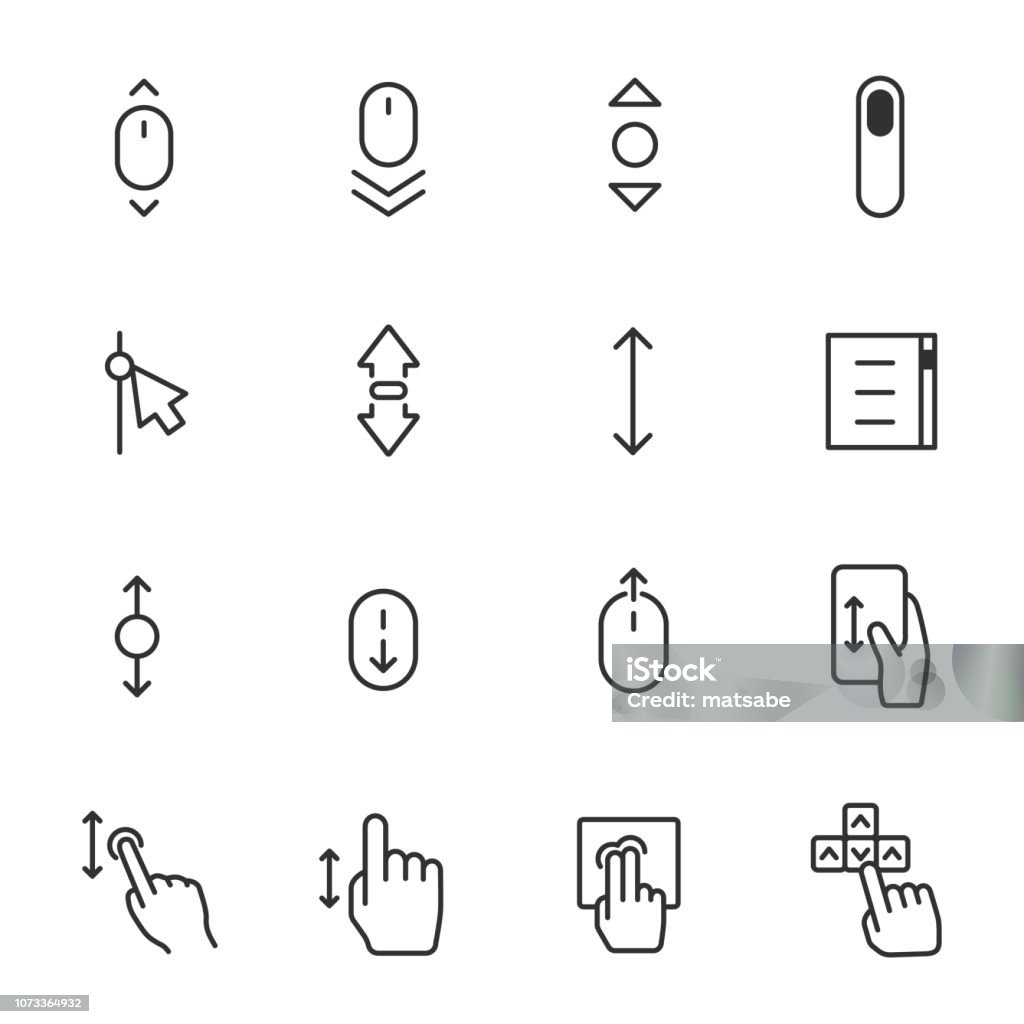 scrolling, icon set. scroll up and down, linear icons. Line with editable stroke scrolling, icon set. scroll up and down, editable stroke Icon Symbol stock vector