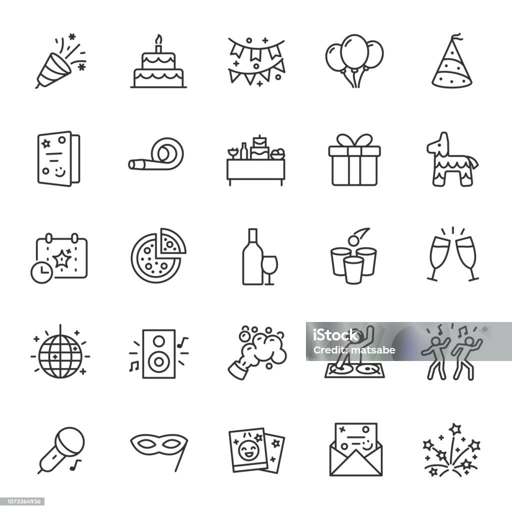 Partij, pictogramserie. Feest, verjaardag, lineaire pictogrammen. Lijn met bewerkbare beroerte - Royalty-free Pictogram vectorkunst