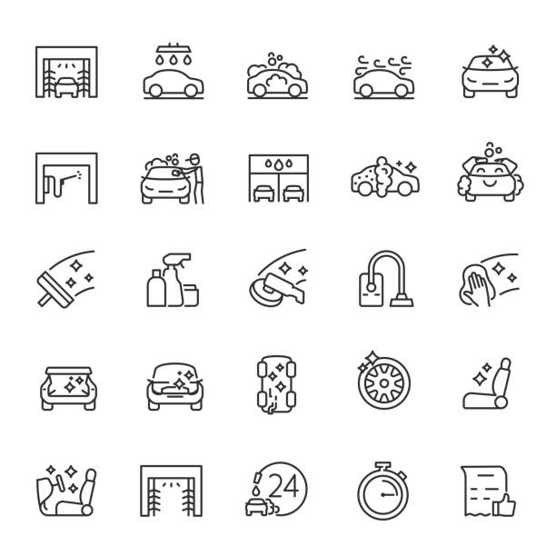 auto-waschanlagen, icon-set. carwash, automatische und self-service. lineare symbole. linie mit editierbaren schlaganfall - washing water car cleaning stock-grafiken, -clipart, -cartoons und -symbole