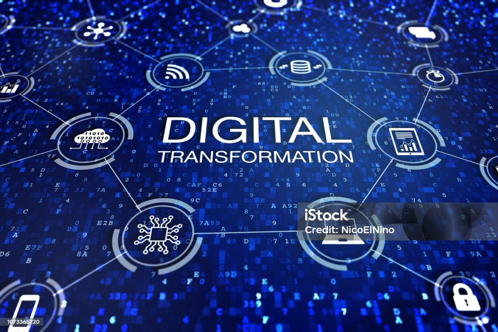 Digital transformation technology concept with icons of cloud computing, data, computer, database and devices connected to internet over abstract code, change management business processes Digital Display Stock Photo