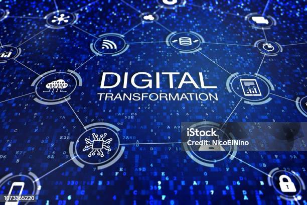 Digital Transformation Technology Concept With Icons Of Cloud Computing Data Computer Database And Devices Connected To Internet Over Abstract Code Change Management Business Processes Stock Photo - Download Image Now