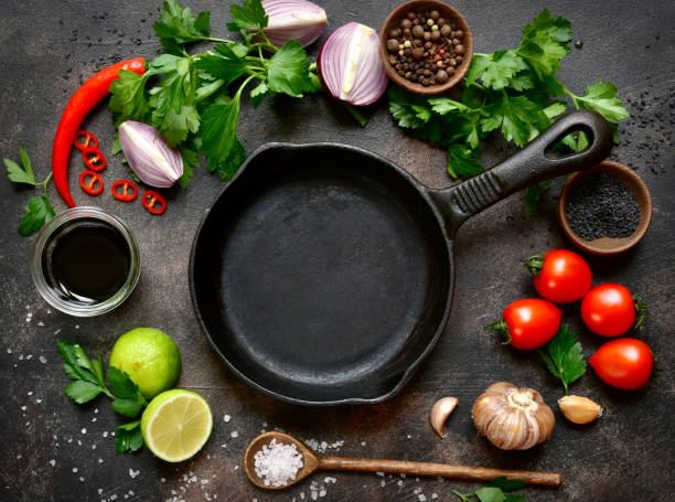 istock Food,background with empty frying pan and ingredients for cooking 1073370780