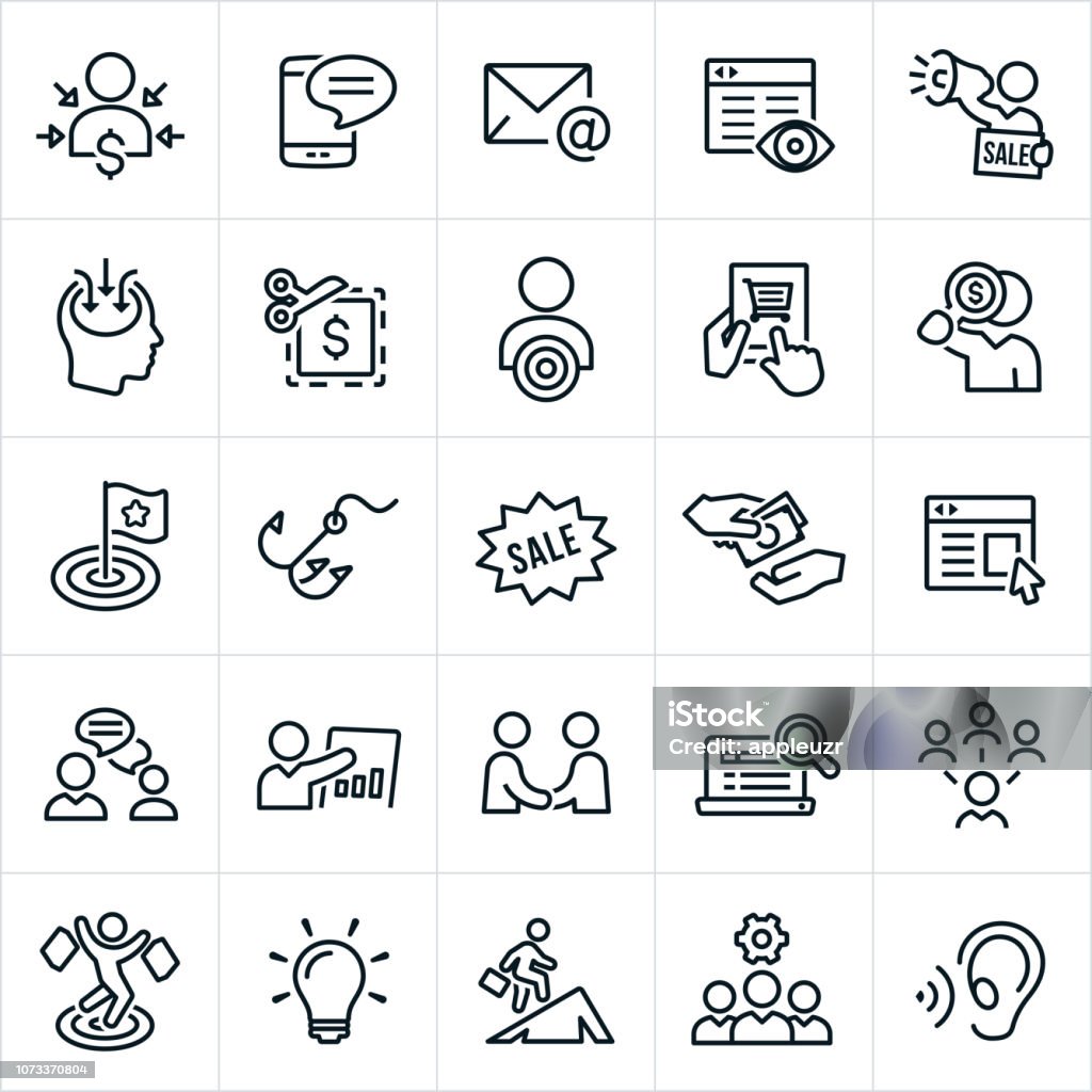 Marketing Icons A set of marketing icons. The icons include direct marketing, target market, customer, consumer, marketer, marketing strategies, SMS, texting, email, website, internet marketing, megaphone, sale, coupon, buyer, online shopping, purchasing, target, hook, persuasion, buying, web banner, advertising, banner ad, communication, handshake, agreement, online search, social media, shopper, light bulb and marketing team among others. Selling stock vector