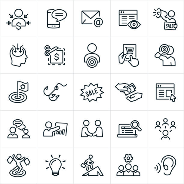 Marketing Icons A set of marketing icons. The icons include direct marketing, target market, customer, consumer, marketer, marketing strategies, SMS, texting, email, website, internet marketing, megaphone, sale, coupon, buyer, online shopping, purchasing, target, hook, persuasion, buying, web banner, advertising, banner ad, communication, handshake, agreement, online search, social media, shopper, light bulb and marketing team among others. selling stock illustrations