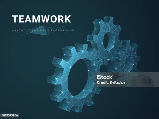 Abstract Modern Business Background Vector Depicting Teamwork With Stars And Lines In Shape Of Cogwheels On Blue Background Stock Illustration - Download Image Now
