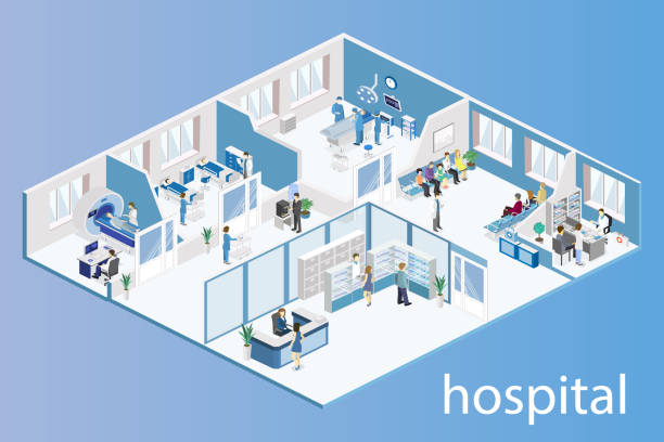 wnętrze sali szpitalnej, apteka, gabinet lekarski, recepcja - isometric patient people healthcare and medicine stock illustrations
