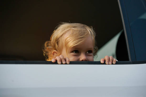 A little girl is sticking her head out the car window stock photo