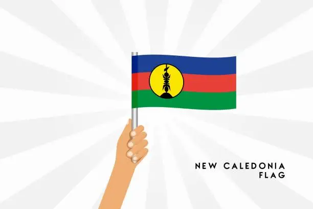 Vector illustration of Vector cartoon illustration of human hands hold New Caledonia flag. Isolated object on white background.