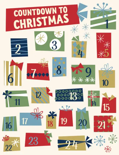 Vector illustration of Cute Retro Christmas Gifts Advent Calendar