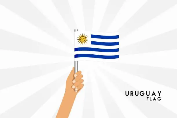 Vector illustration of Vector cartoon illustration of human hands hold Uruguay flag. Isolated object on white background.