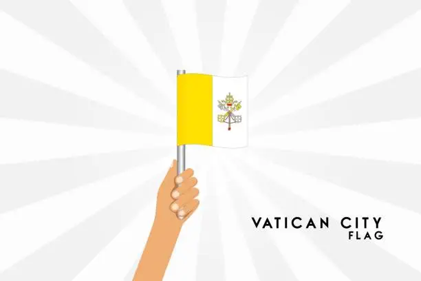 Vector illustration of Vector cartoon illustration of human hands hold Vatican flag. Isolated object on white background.