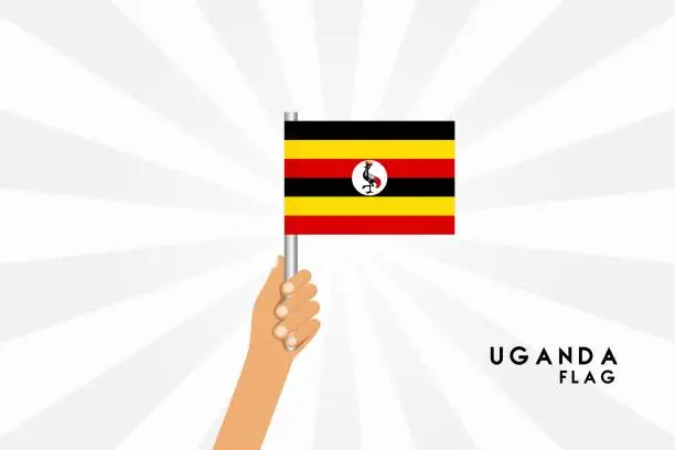 Vector illustration of Vector cartoon illustration of human hands Uganda hold  flag. Isolated object on white background.