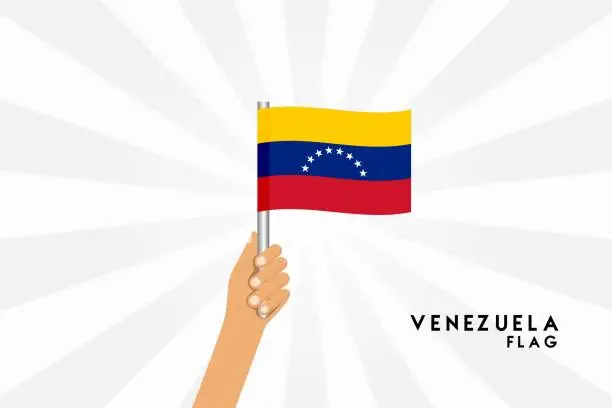 Vector illustration of Vector cartoon illustration of human hands hold Venezuela flag. Isolated object on white background.