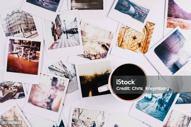 Coffee And Polaroids Stock Photo - Download Image Now - Photograph, Photography, Instant Print Transfer