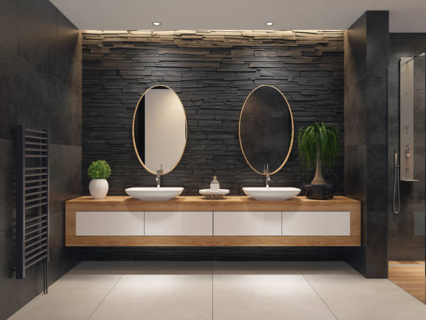 istock Luxurious minimalist bathroom with slate black stone wall 1073403132