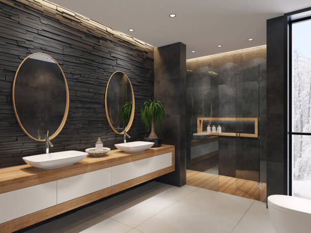 istock Luxurious minimalist bathroom with slate black stone wall 1073403134