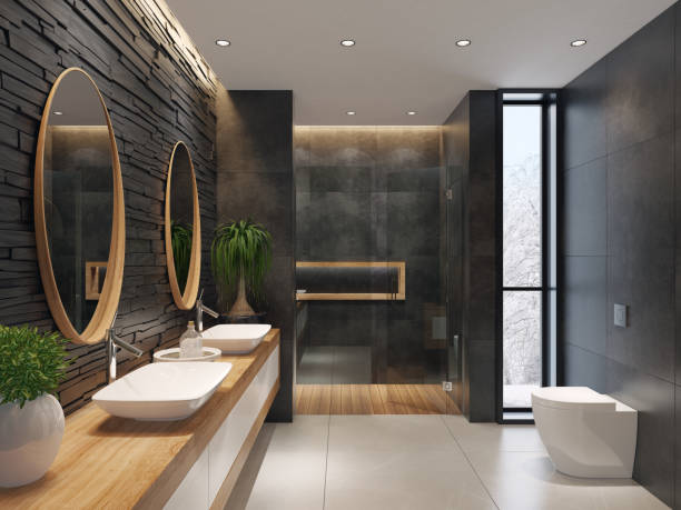 luxurious minimalist bathroom with slate black stone wall - bathroom shower glass contemporary imagens e fotografias de stock