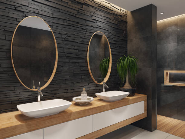 istock Luxurious minimalist bathroom with slate black stone wall 1073403458