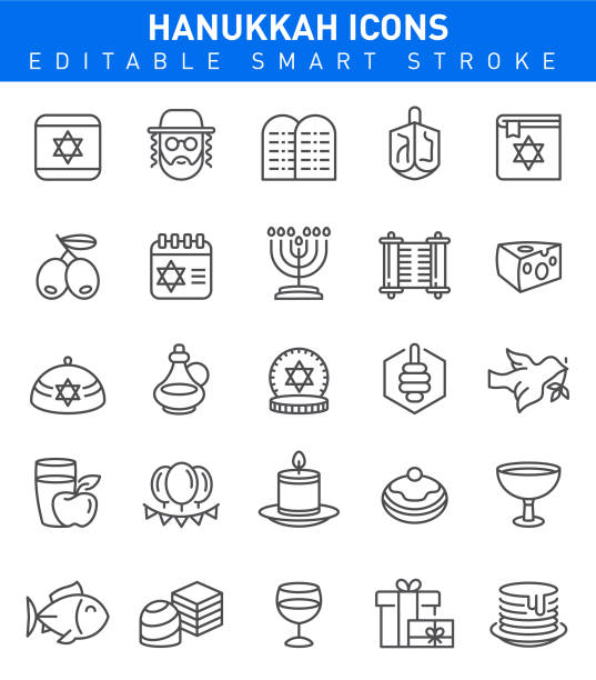 Happy Hanukkah Icons. Editable smart stroke Vector Set of Hanukkah Icons with olive oil, dreidel, and gifts symbols chocolate gelt stock illustrations