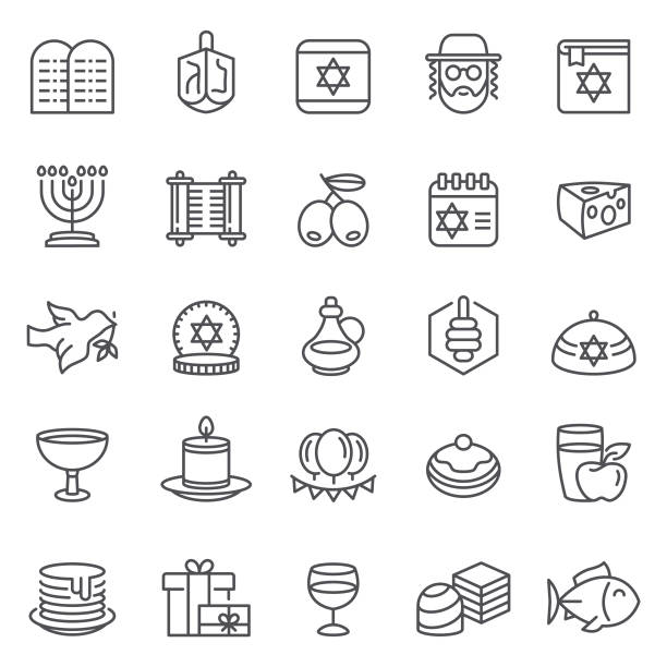 Happy Hanukkah Icons Vector Set of Hanukkah Icons with olive oil, dreidel, and gifts symbols chocolate gelt stock illustrations