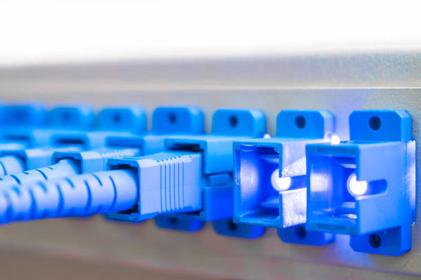 istock Several empty ports with a powerful signal on the Optical Fiber Distribution Frame. Concept of high-speed Internet connection 1073414938