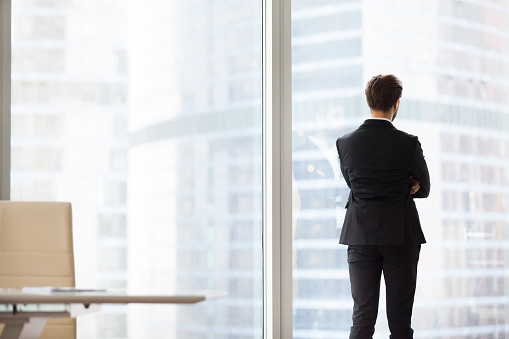 Back view portrait of successful confident businessman, property investor standing by window. Boss looking at city from cabinet with large windows, spacious office. Calm mind, business vision concept