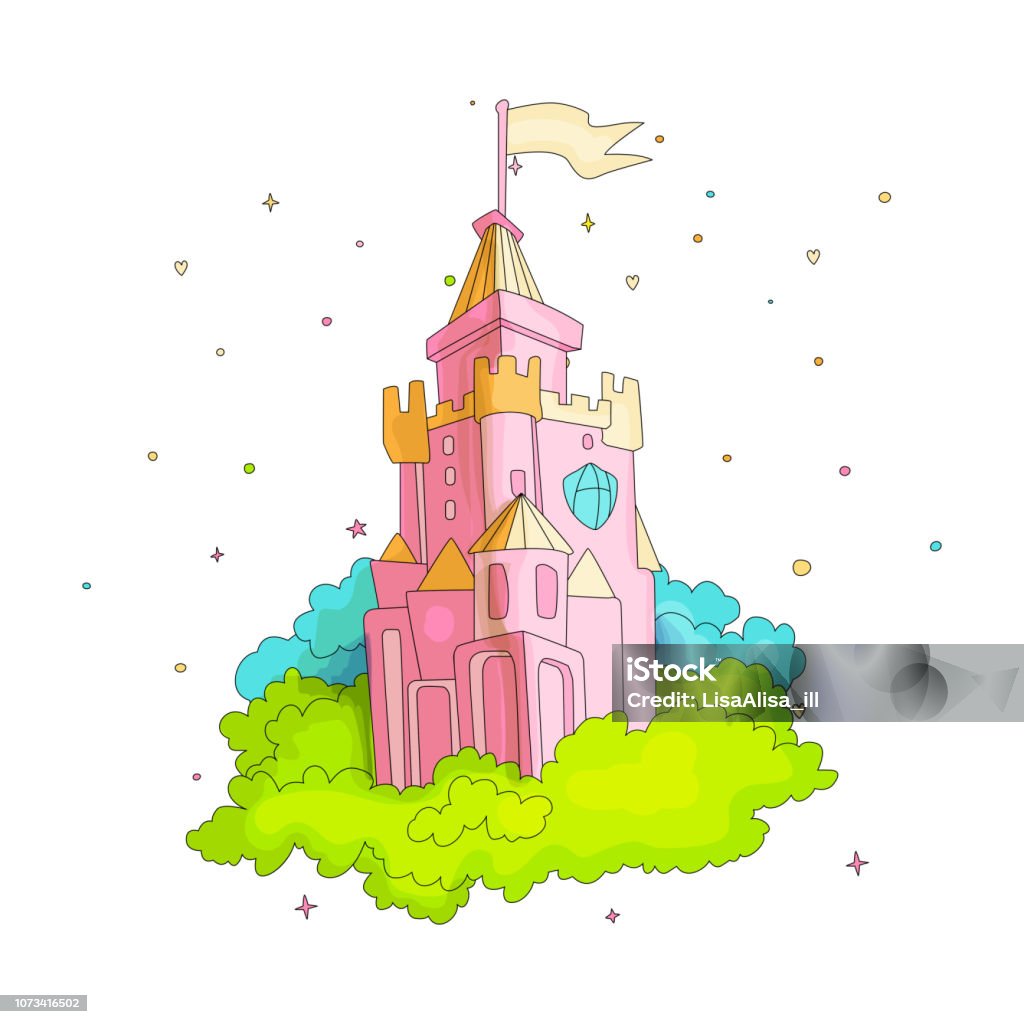 Cartoon medieval fun pink castle with flag and grass. Magic cartoon castle for princess from fairy tale icon. Funny pink cartoon castle with decoration background. Cartoon medieval fun pink castle with flag and grass. Magic cartoon castle for princess from fairy tale icon. Funny pink cartoon castle with decoration background isolated. Castle stock vector