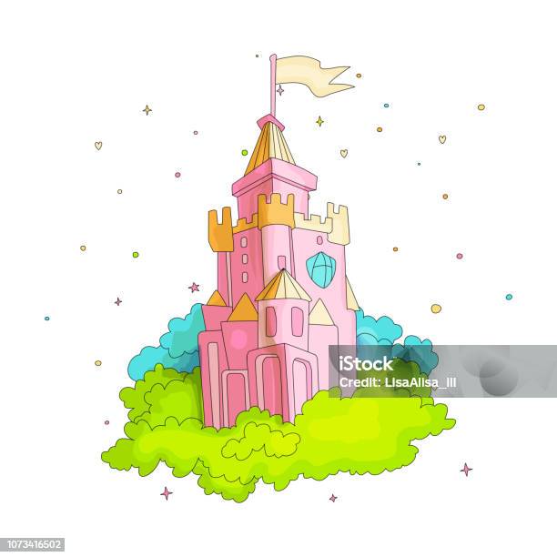 Cartoon Medieval Fun Pink Castle With Flag And Grass Magic Cartoon Castle For Princess From Fairy Tale Icon Funny Pink Cartoon Castle With Decoration Background Stock Illustration - Download Image Now