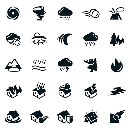 A set of natural disaster icons. The icons include a hurricane, tornado, weather, snow storm, wind, volcano, drought, tsunami, rain, forest fire, avalanche, flood, flooding, wind damage, fire, house, home, astroid, earthquake among others.