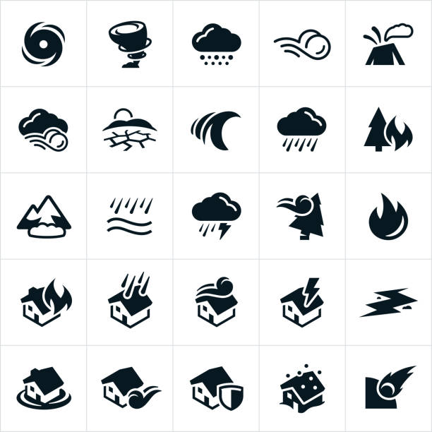 Natural Disaster Icons A set of natural disaster icons. The icons include a hurricane, tornado, weather, snow storm, wind, volcano, drought, tsunami, rain, forest fire, avalanche, flood, flooding, wind damage, fire, house, home, astroid, earthquake among others. forest fire stock illustrations