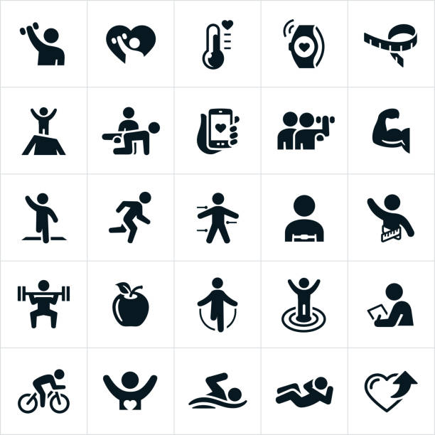 Fitness Icons A set of fitness icons. The icons include exercising, lifting weights, meeting fitness goals, fitness equipment, running, healthy lifestyle, working out, cycling, swimming and other forms of exercise. gym symbols stock illustrations