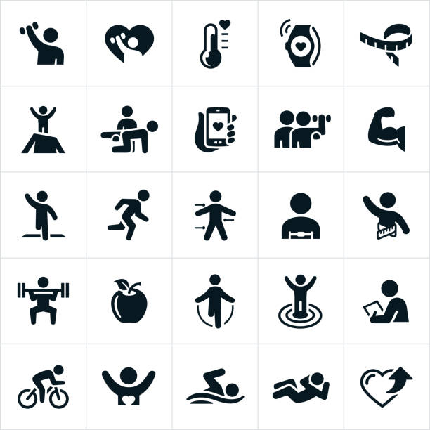 Fitness Icons A set of fitness icons. The icons include exercising, lifting weights, meeting fitness goals, fitness equipment, running, healthy lifestyle, working out, cycling, swimming and other forms of exercise. muscle strength icon stock illustrations