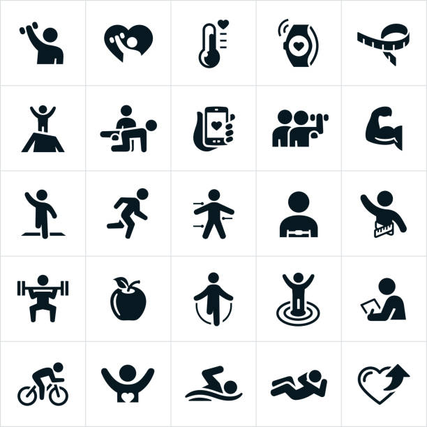 Fitness Icons A set of fitness icons. The icons include exercising, lifting weights, meeting fitness goals, fitness equipment, running, healthy lifestyle, working out, cycling, swimming and other forms of exercise. athletic trainer stock illustrations