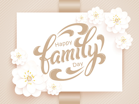Elegant vector Happy Family Day card. Vector invitation card with background and frame with flower elements and beautiful typography. Sunny spring backdrop. Artistic lettering